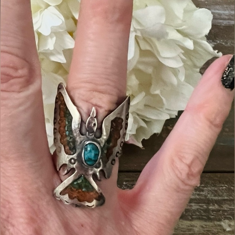 Sterling Silver Thunderbird Ring W Turquoise & Coral inlay & Turquoise Stone